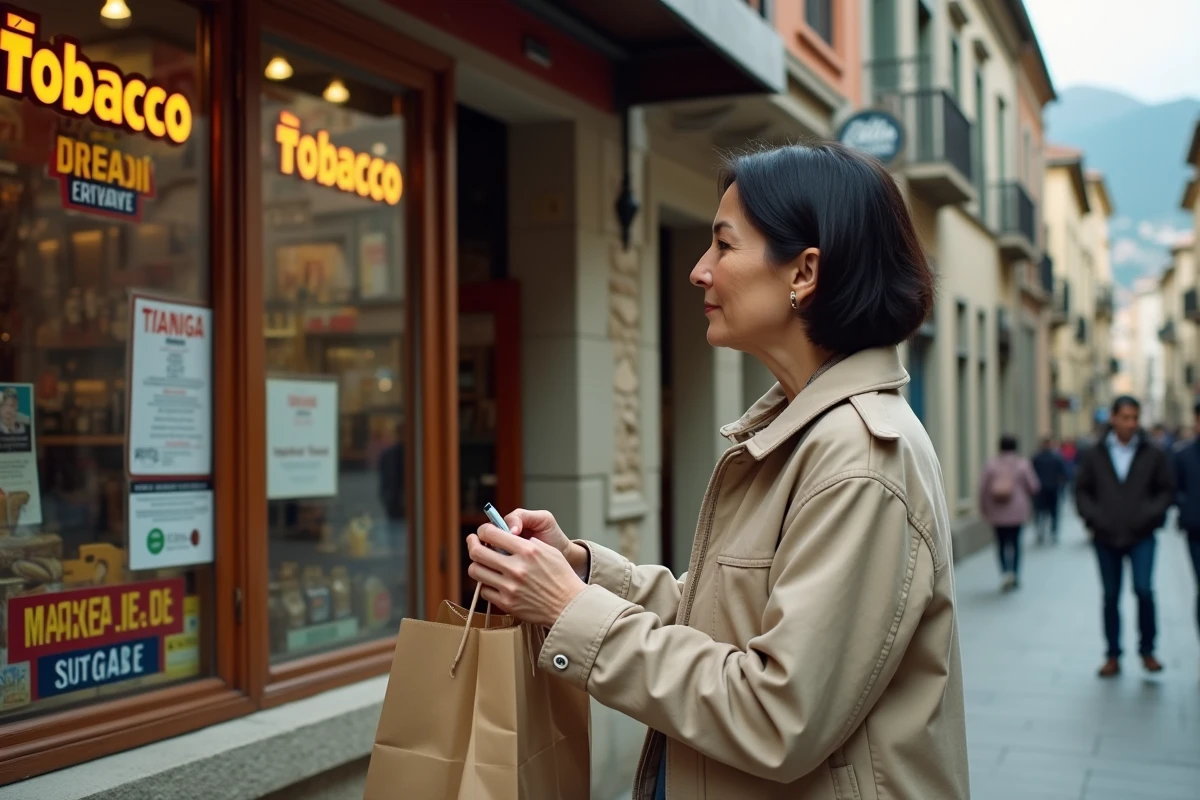 Femme devant un bureau de tabac en Andorre tenant un sac shopping, regardant les prix affichés en vitrine