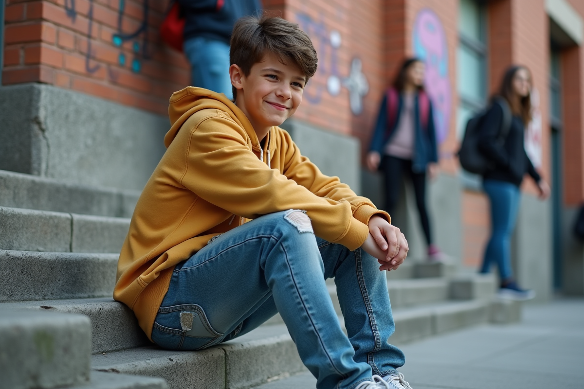 Adolescent souriant assis sur des marches en ville