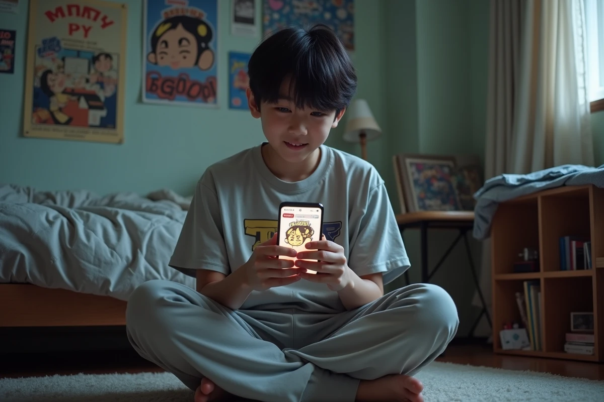 Adolescent lisant un manhwa sur smartphone assis sur le sol de sa chambre avec des affiches de mangas au mur