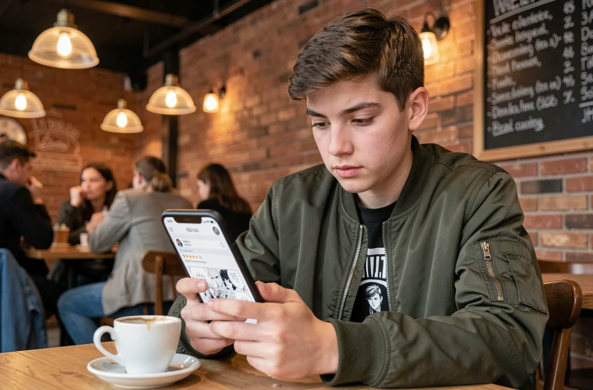 Adolescent consultant un site de scans manga sur smartphone dans un café urbain