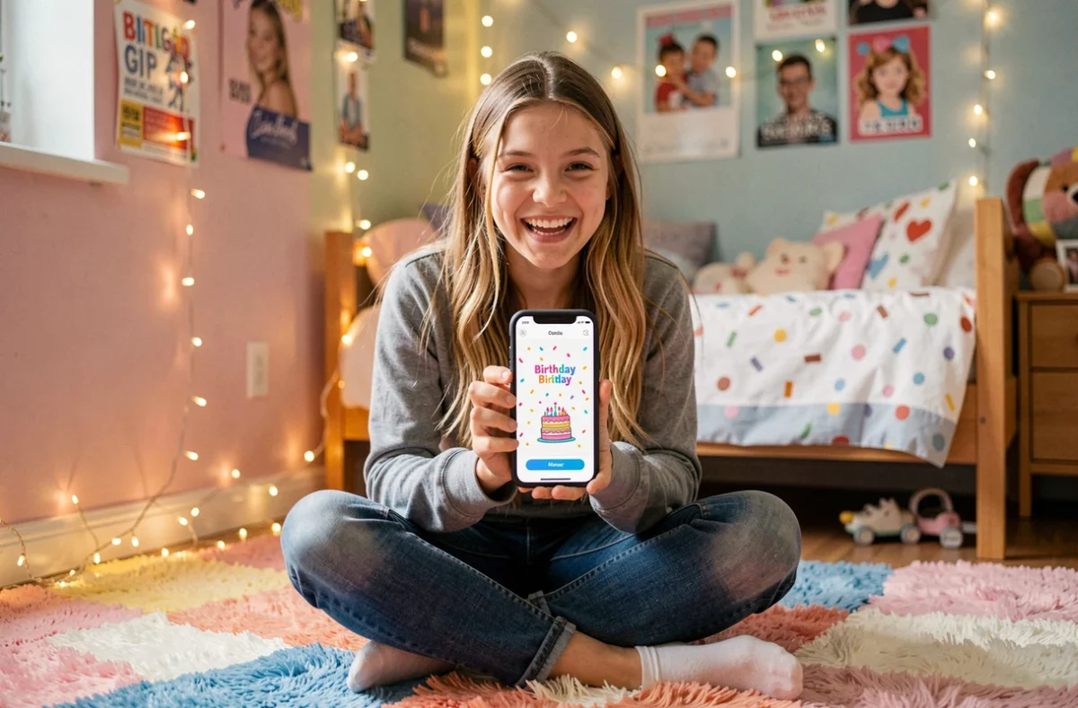 Adolescente créant un GIF anniversaire rigolo sur son smartphone dans sa chambre décorée
