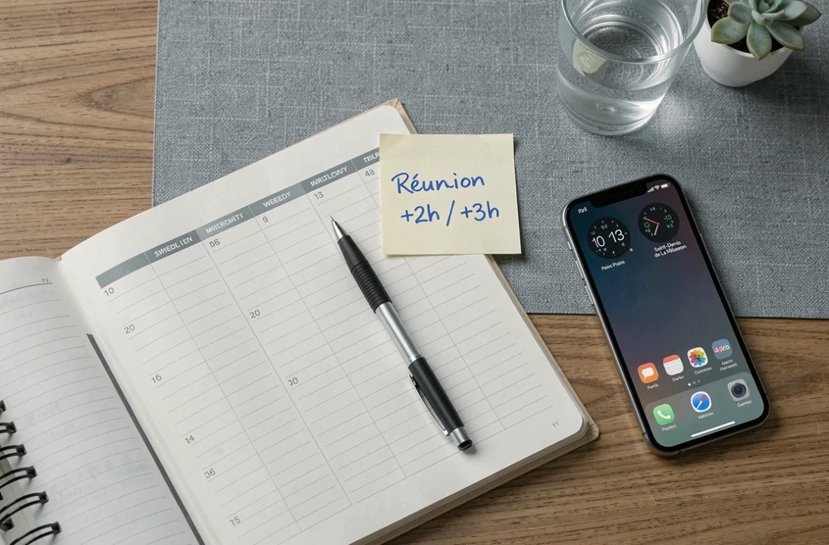 Agenda ouvert avec note manuscrite sur le décalage horaire entre La Réunion et la métropole posé sur un bureau
