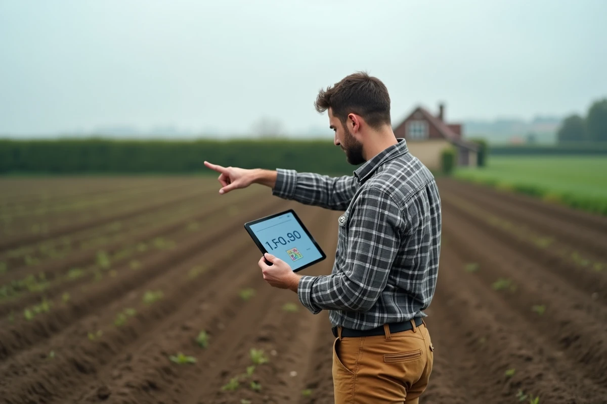 Agriculteur utilisant une tablette pour convertir des hectares en mètres carrés dans un champ rural