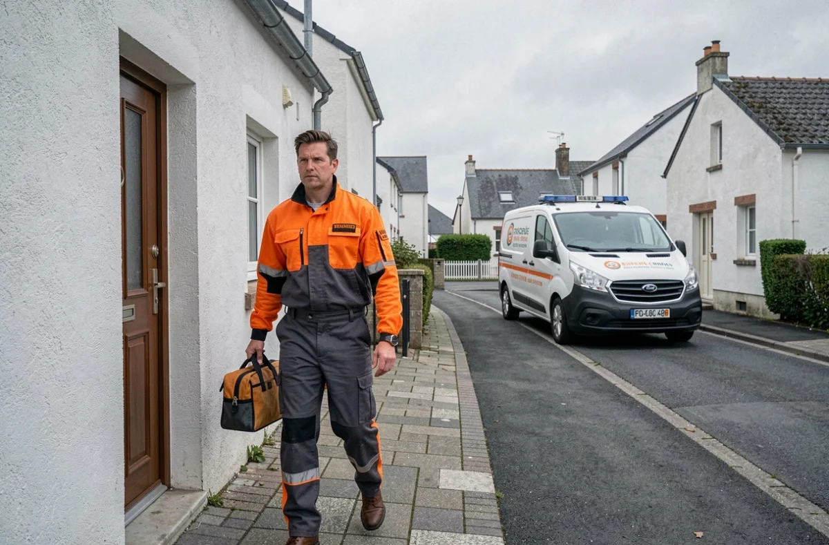 Technicien d'Allô Dépan'Vite arrivant en urgence devant un domicile breton avec son sac à outils