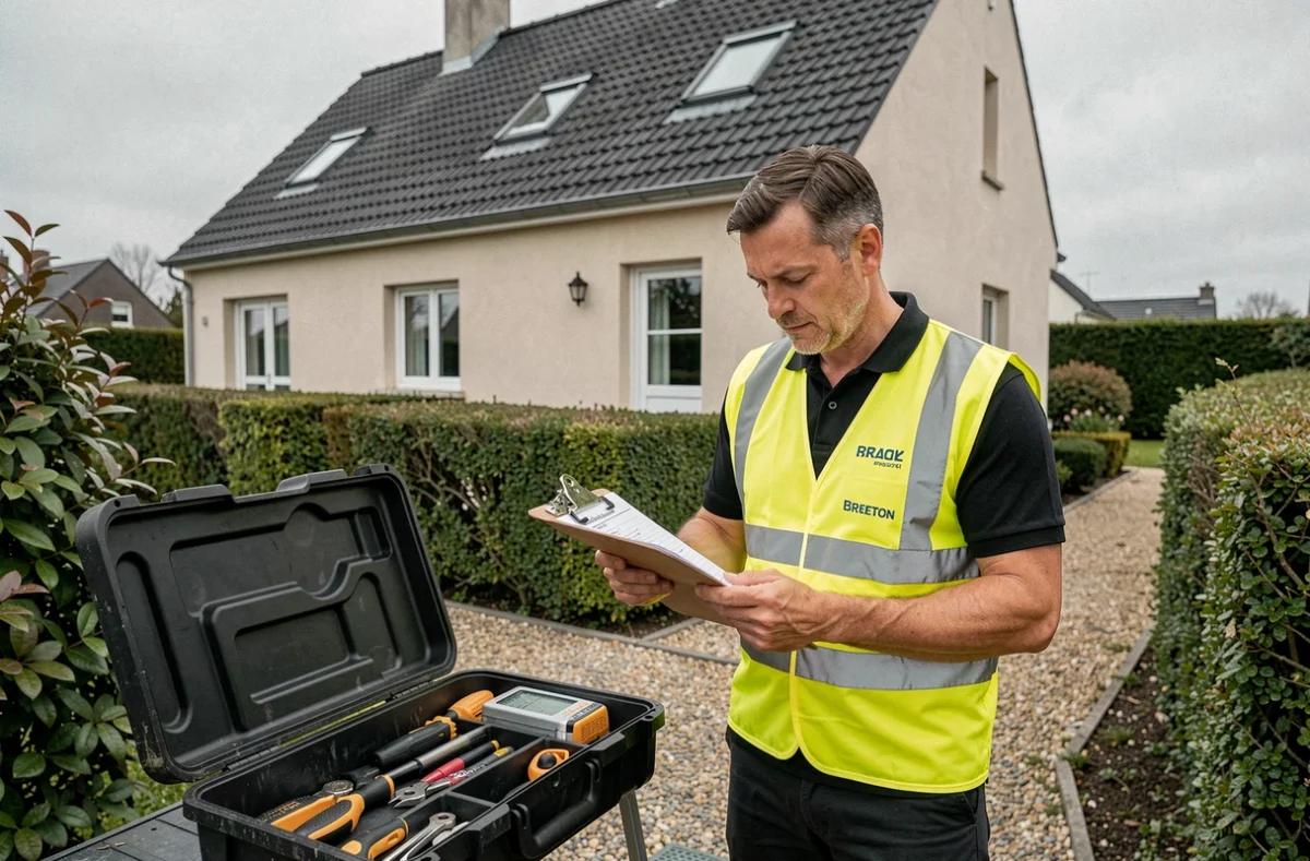 Technicien Allô Tous Services consultant une fiche d'intervention devant une maison bretonne