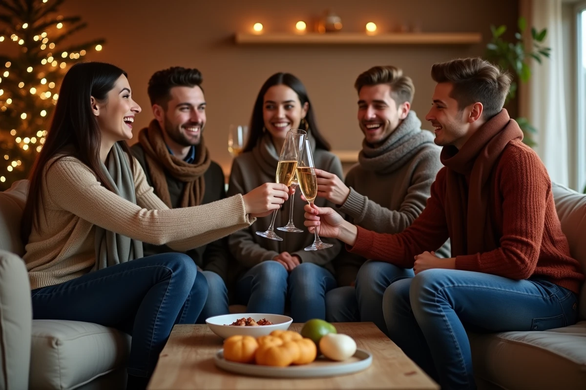 Groupe d'amis riant avec champagne lors d'une fête d'hiver