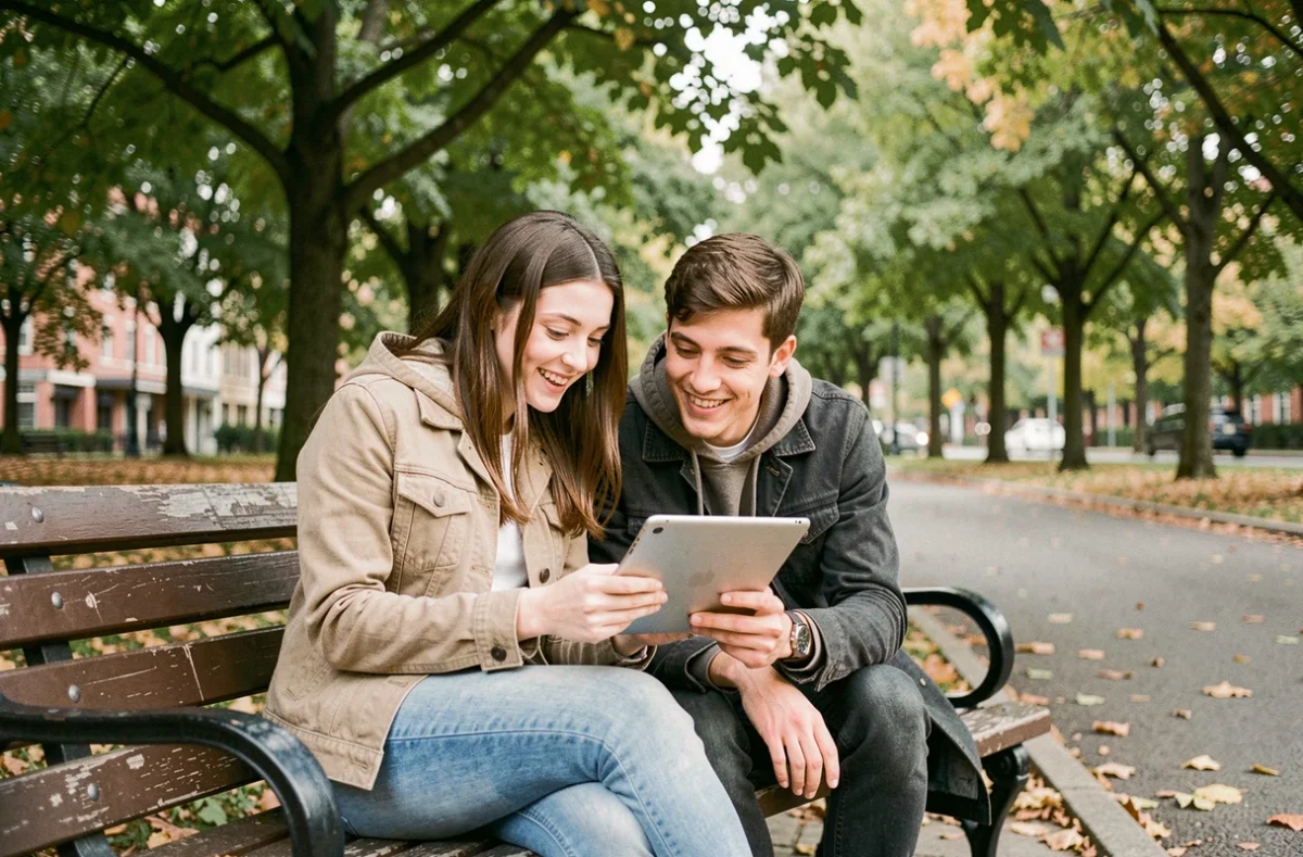 Deux amis lisant ensemble un manhwa Just Friends sur tablette dans un parc en automne