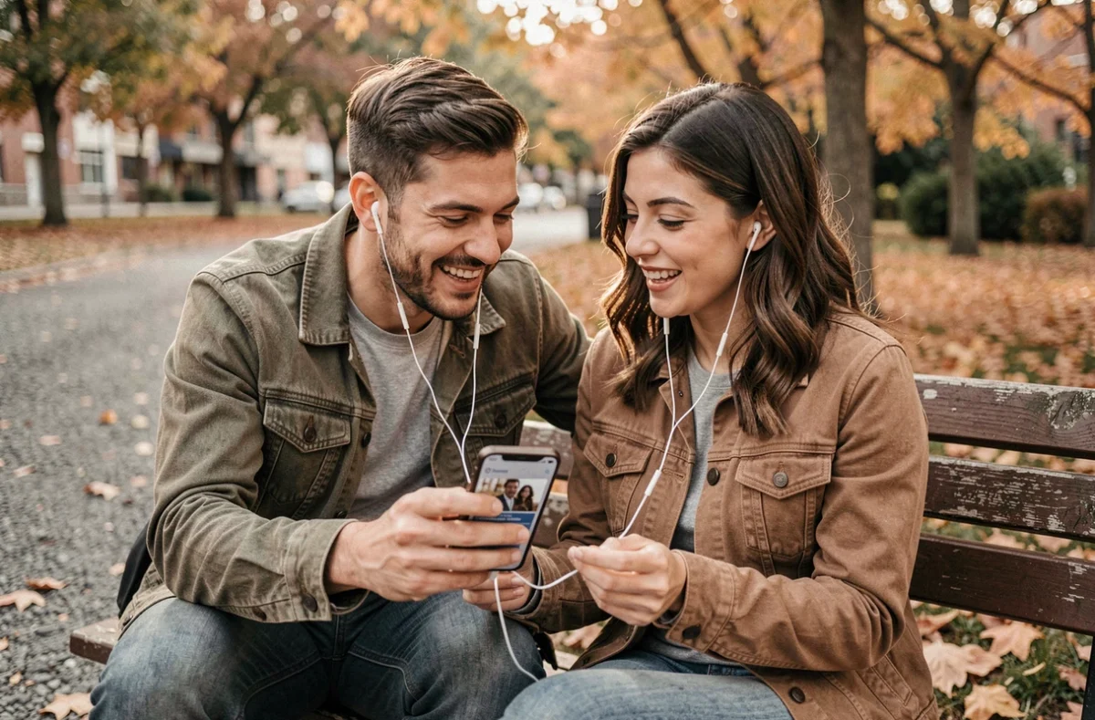 Deux amis partageant des écouteurs dans un parc pour écouter Les Grosses Têtes en podcast replay sur smartphone