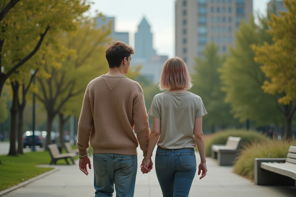 Deux amis nonbinaires discutant dans un parc urbain en marchant