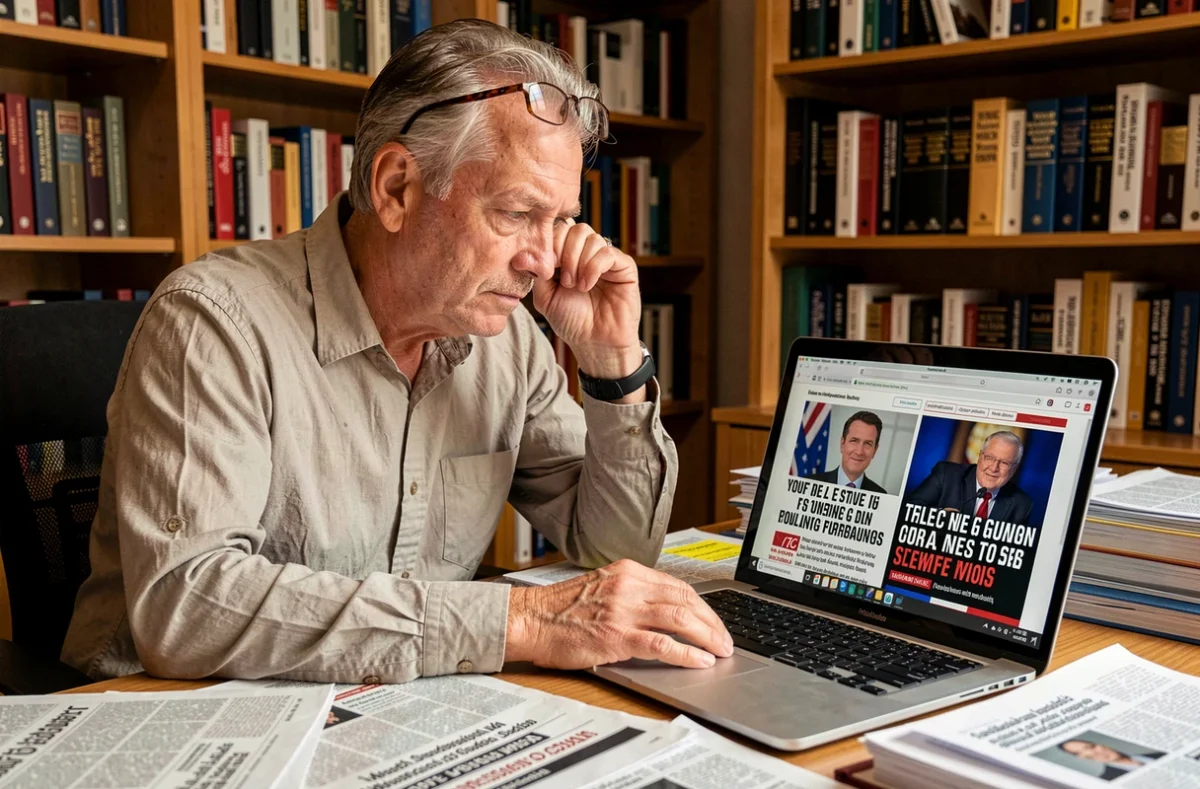 Un homme d'âge mûr analyse des articles de presse contradictoires sur la définition du terme woke à son bureau encombré