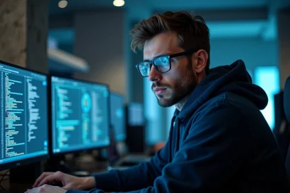 Analyste en cybersécurité scrutant des tableaux de bord réseau sur plusieurs écrans dans un bureau moderne la nuit