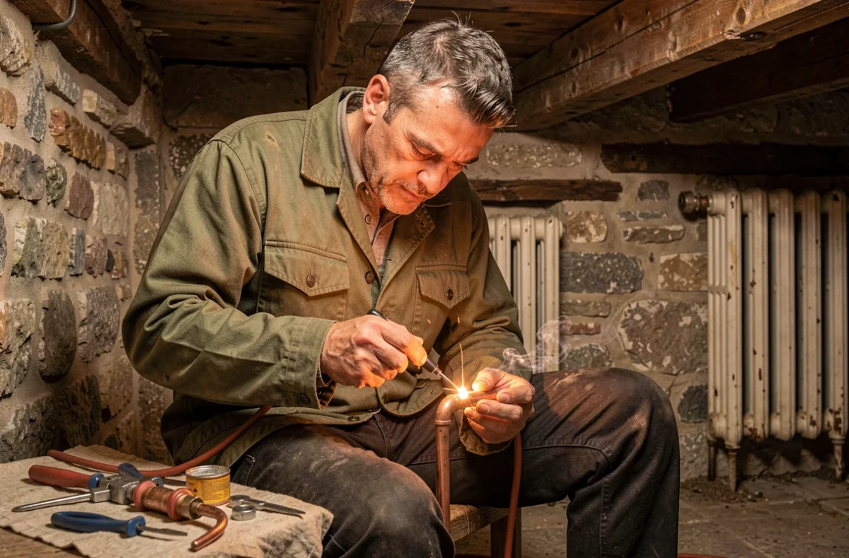 Artisan chauffagiste indépendant Andrieux Sullivan soudant une tuyauterie en cuivre dans une cave champenoise