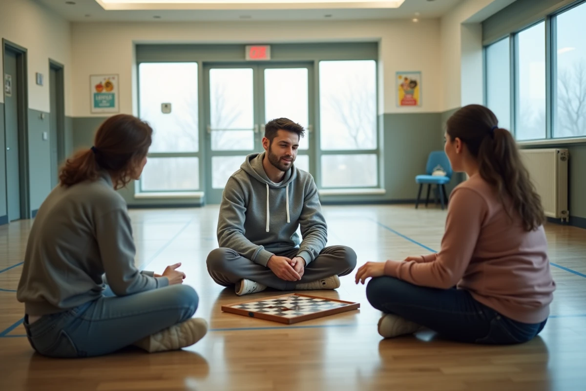 Animateur de foyer animant une séance de jeu de société avec des résidents adultes dans une salle commune