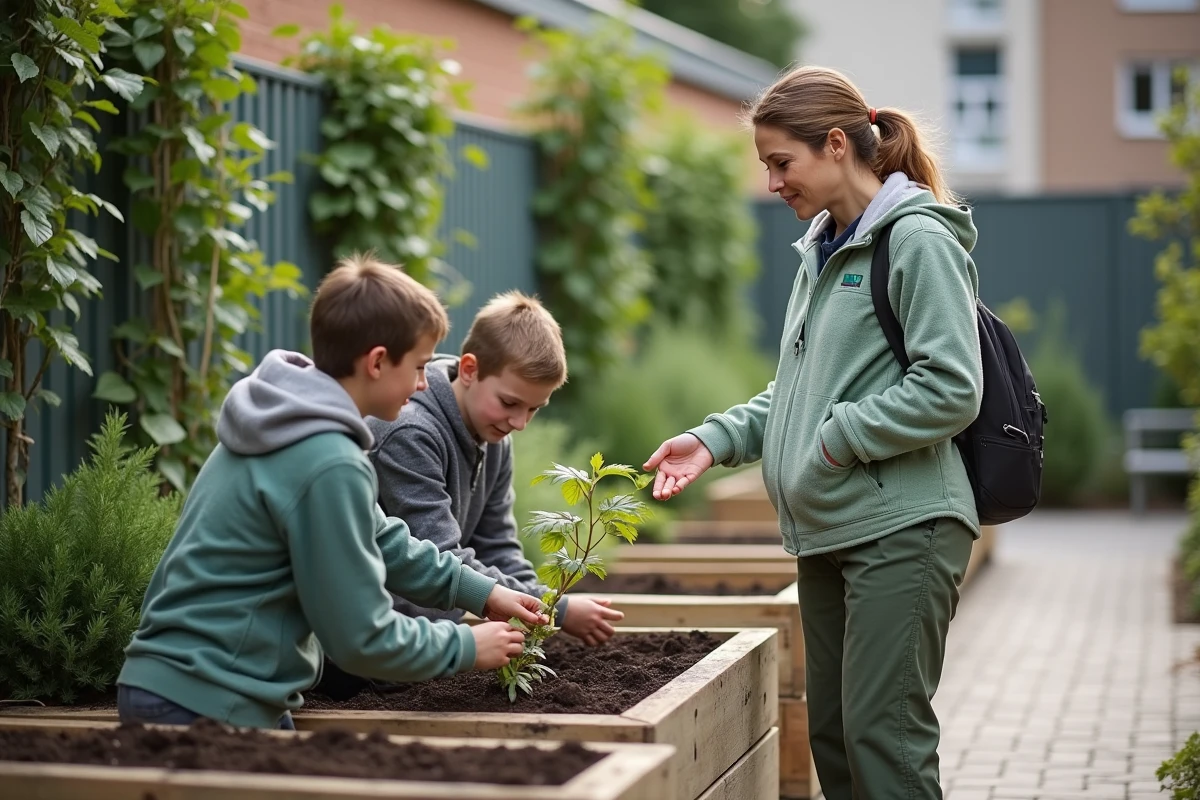 Animatrice encadrant un atelier jardinage en plein air avec des jeunes adultes dans la cour d'un IME