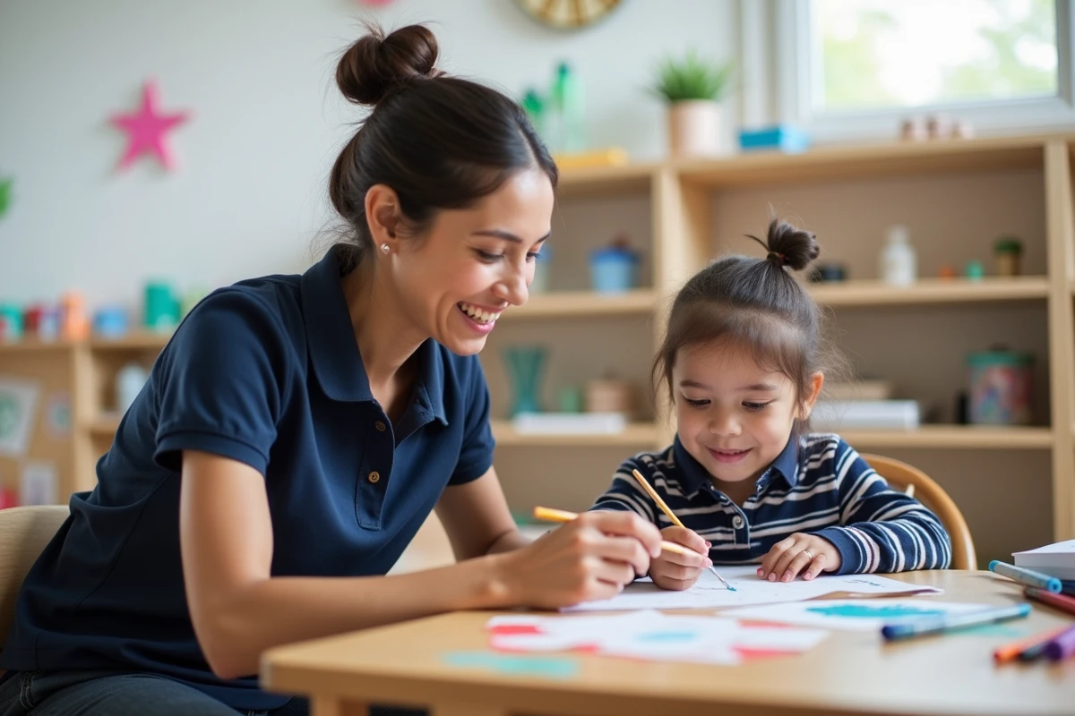 Animatrice en IME accompagnant un jeune adulte en situation de handicap lors d'un atelier peinture dans une salle d'activités