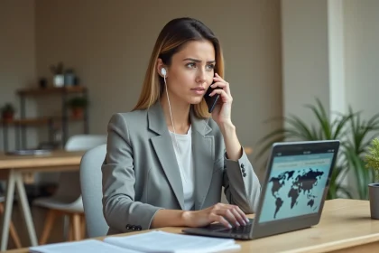 Femme professionnelle passant un appel international depuis son bureau avec un smartphone, symbolisant l'utilisation du code international 32 pour appeler la Belgique