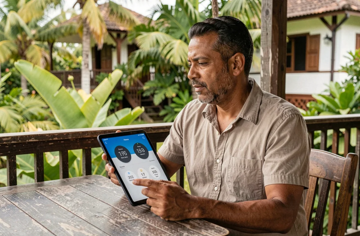 Homme consultant une application de fuseaux horaires sur une tablette dans un café en plein air à La Réunion