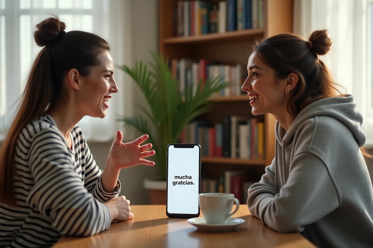 Deux femmes pratiquant l'espagnol ensemble et apprenant l'expression 'muchas gracias' sur une application de langue
