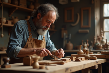 Artisan sed travaillant avec outils traditionnels dans un atelier lumineux
