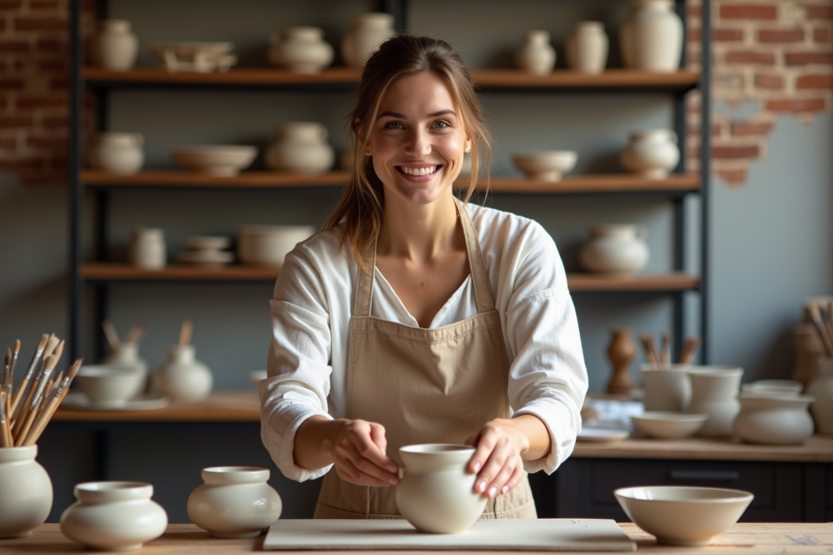 Jeune femme souriante créant de la poterie dans un atelier parisien