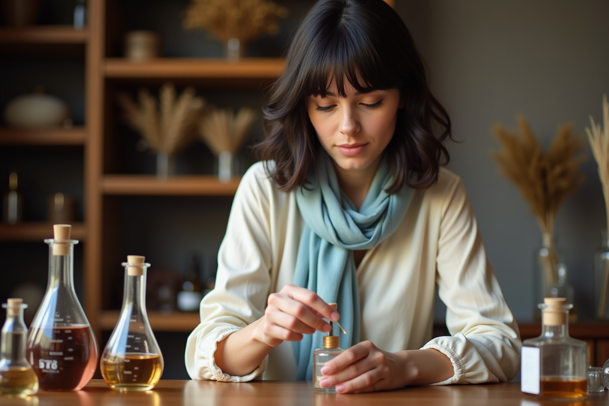 Jeune femme mélangeant des ingrédients de parfum dans un atelier à Paris