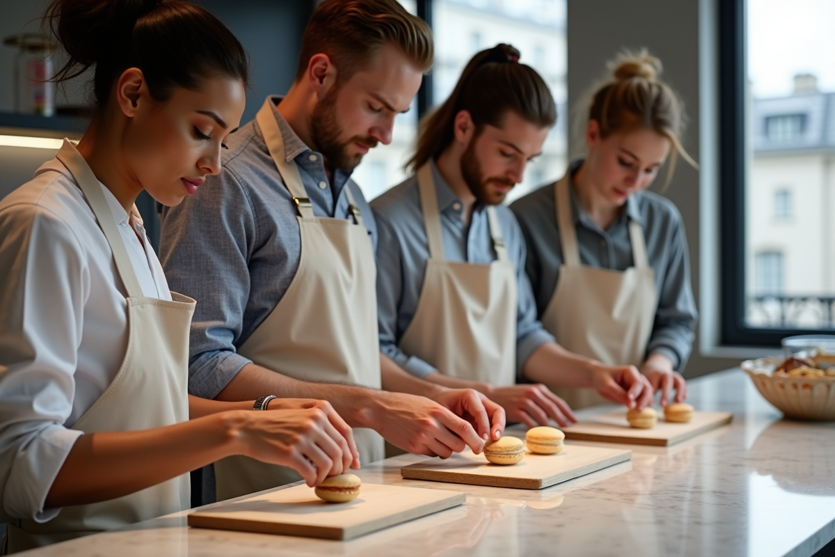 Groupe de personnes préparant des macarons dans un studio de pâtisserie