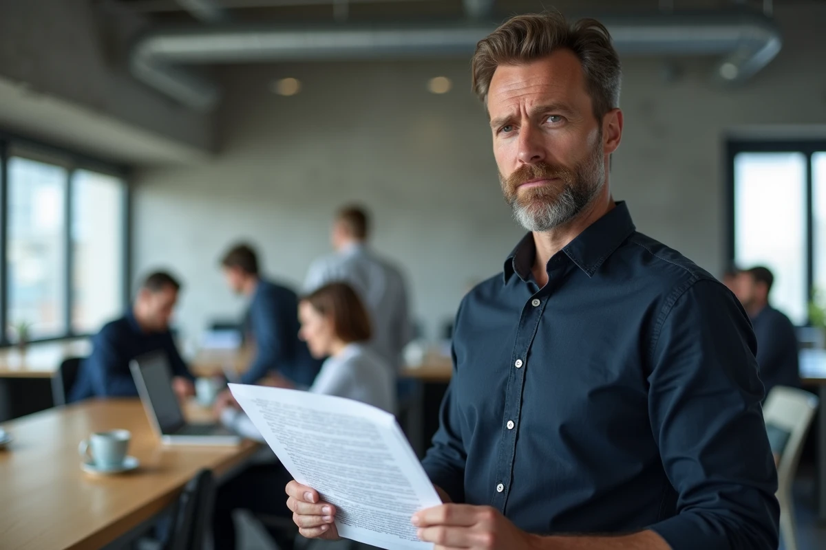 Homme auteur relisant un manuscrit imprimé dans un espace de coworking moderne, illustrant la réflexion sur la publication auto-éditée via KDP en 2026