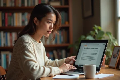 Femme auteure rédigeant un roman sur un ordinateur portable avec le tableau de bord Kindle Direct Publishing KDP visible, dans un bureau à domicile chaleureux entouré de livres