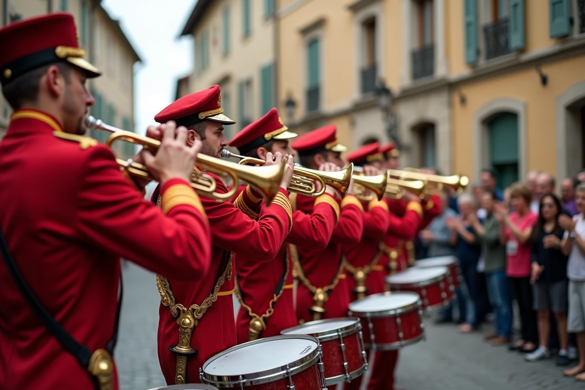 Banda en uniforme rouge et or défilant dans une rue pavée lors d'une fête de village du Sud-Ouest de la France