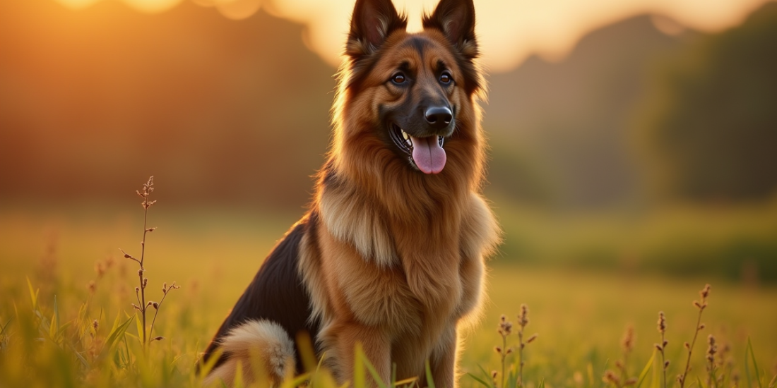 Chien berger allemand à longue poil dans un champ ensoleille