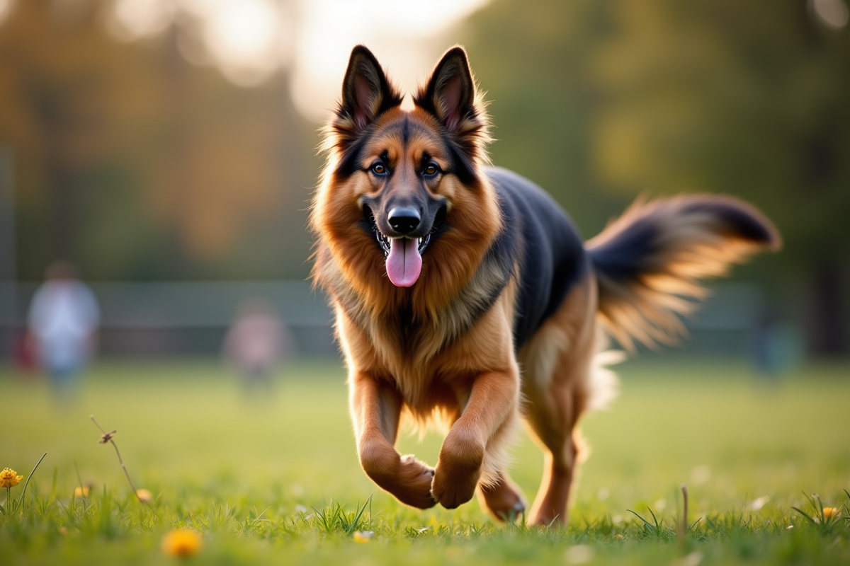 Berger allemand courant joyeusement au parc canin