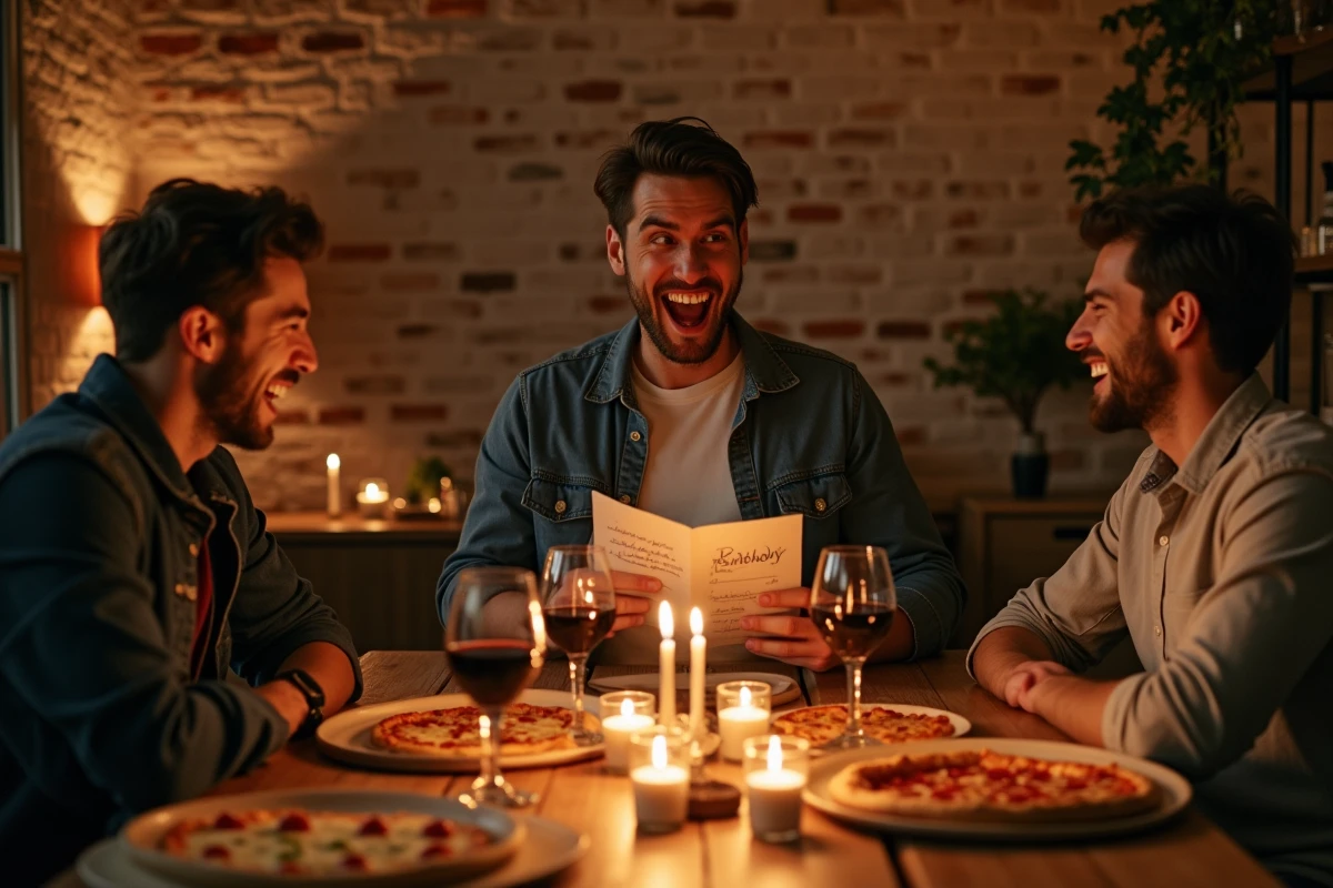 Groupe d'amis riant ensemble lors d'un anniversaire autour d'un discours drôle et de blagues