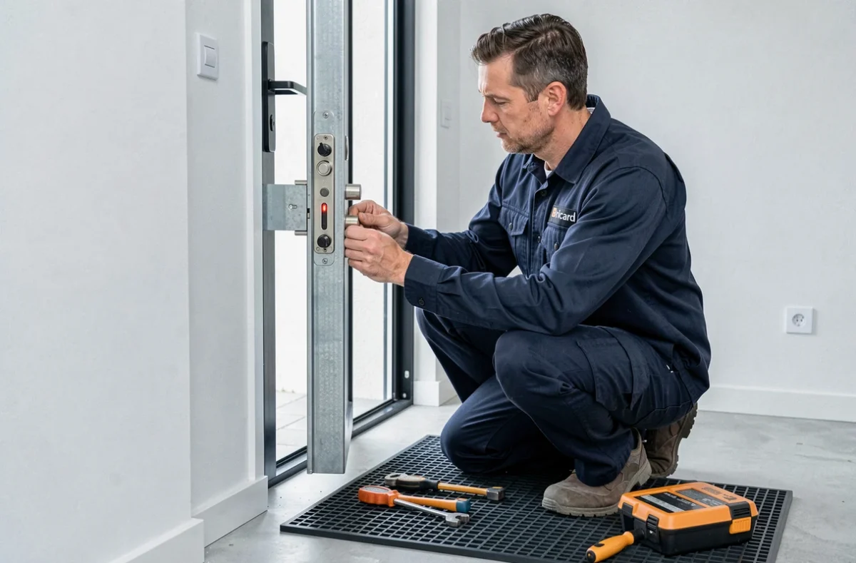 Installateur qualifié Bricard Serrurerie Tomas posant une serrure haute sécurité sur une porte renforcée