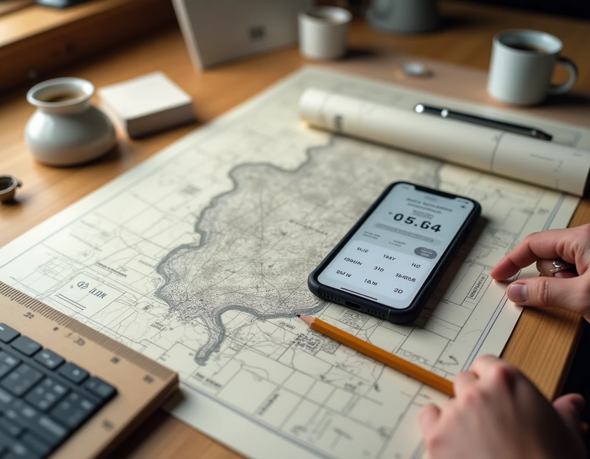 Vue aérienne d'un bureau avec carte topographique et calculatrice de conversion m2 en hectares sur smartphone