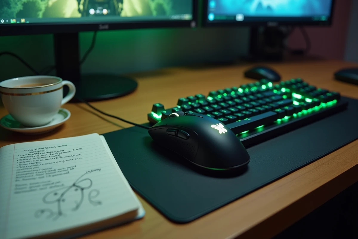 Bureau de gamer avec notes de quête manuscrites et équipement gaming en gros plan