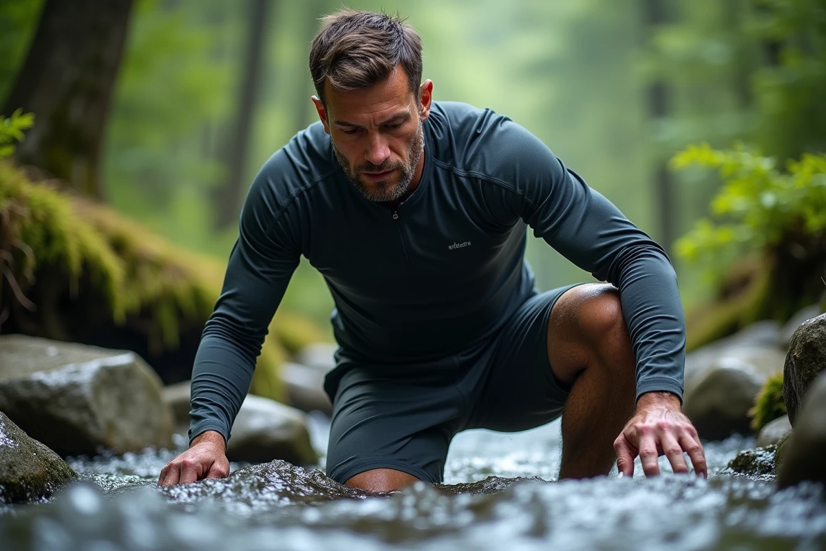 Candidat masculin au bord d'un torrent de montagne lors d'une épreuve de sélection pour l'émission Apprentis Aventuriers 2026