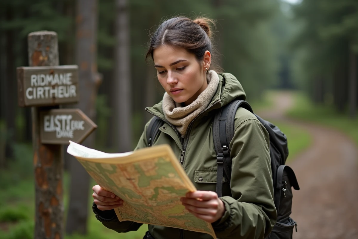 Candidate sérieuse étudiant une carte topographique en forêt lors d'une épreuve de sélection pour les Apprentis Aventuriers saison 2026