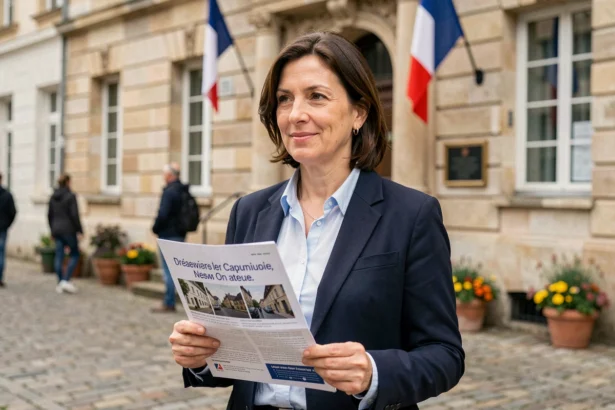 Candidate aux élections municipales 2026 tenant une profession de foi devant une mairie française en pierre