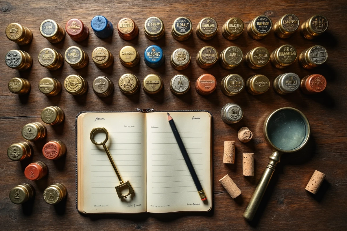 Collection de capsules et muselets de champagne vintage posés sur une table en bois avec carnet d'inventaire