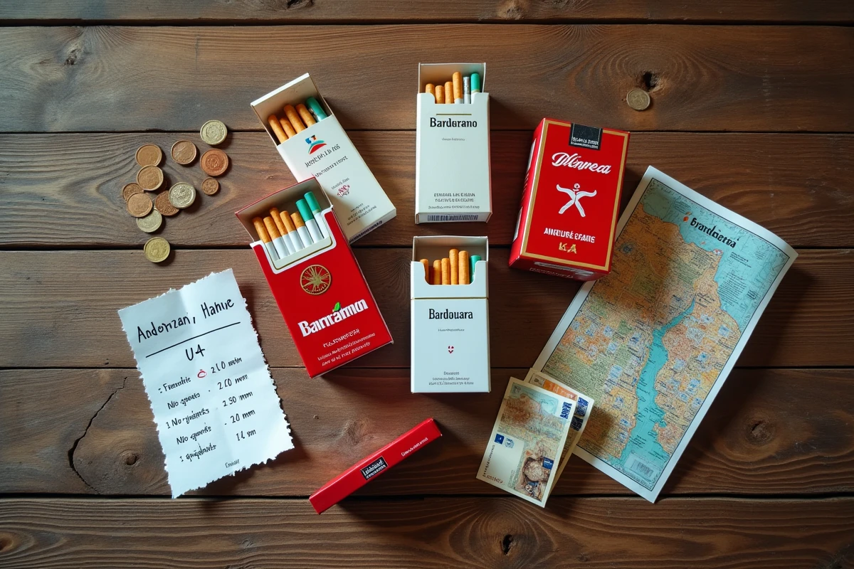 Cartouches de cigarettes, euros et comparatif de prix sur une table en bois, achat duty-free en Andorre