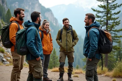 Groupe de candidats en tenue d'aventure au départ d'un sentier de montagne pour le casting des Apprentis Aventuriers 2026