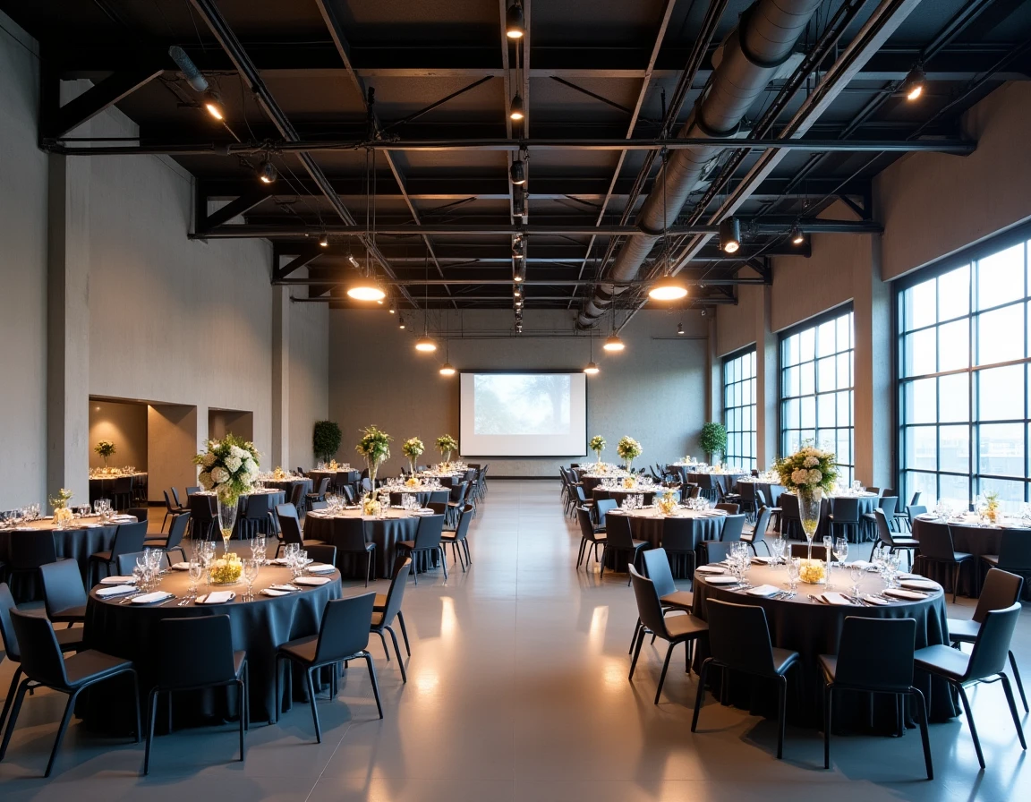 Intérieur moderne du Centre B en Gironde, salle polyvalente à l'architecture industrielle aménagée pour un événement d'entreprise avec tables et décor contemporain