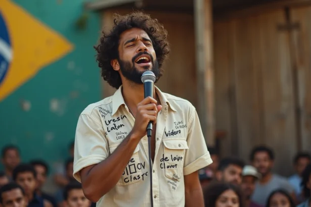 Chanteur brésilien engagé se produisant sur une scène improvisée dans une favela de Rio de Janeiro, micro vintage en main, expression émotionnelle intense
