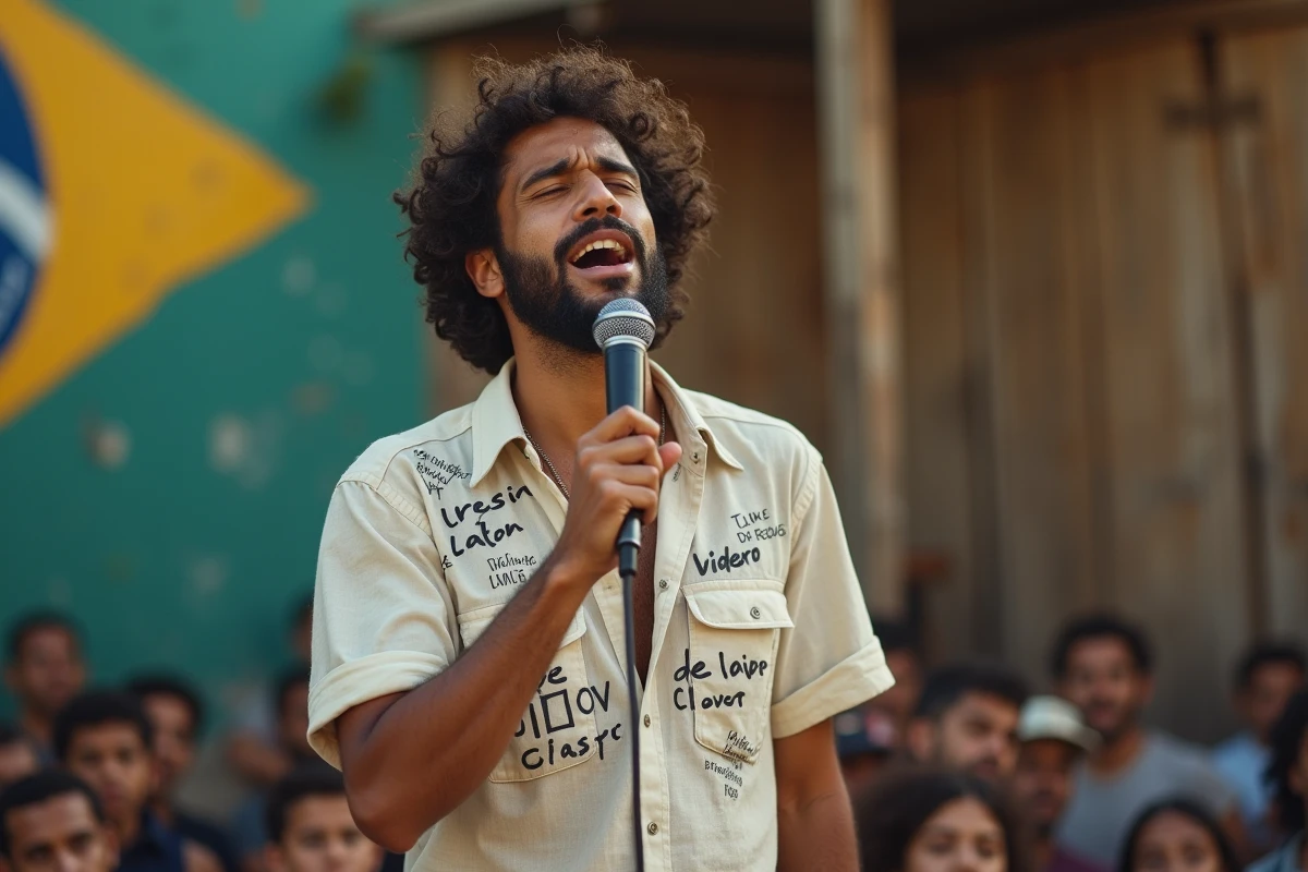 Chanteur brésilien engagé se produisant sur une scène improvisée dans une favela de Rio de Janeiro, micro vintage en main, expression émotionnelle intense