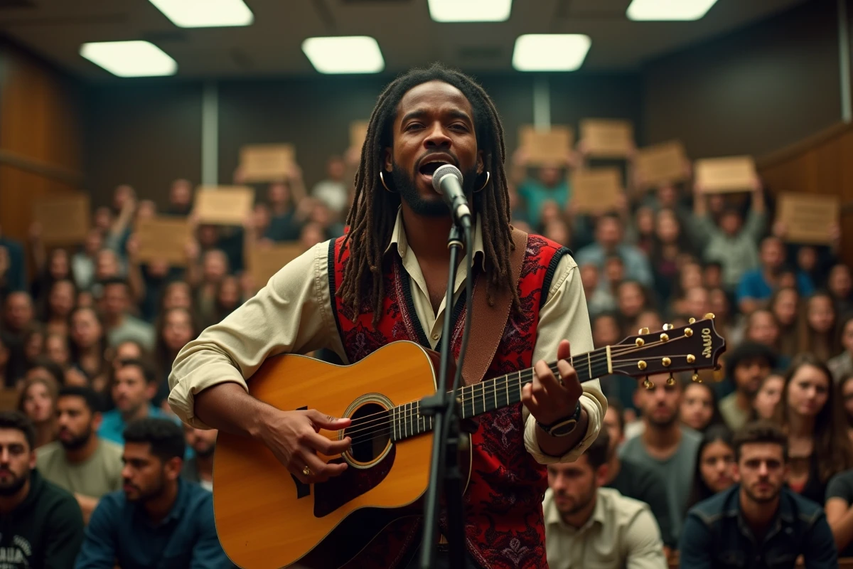 Chanteur brésilien jouant de la guitare acoustique lors d'un rassemblement étudiant engagé dans une université, entouré de manifestants tenant des pancartes en portugais