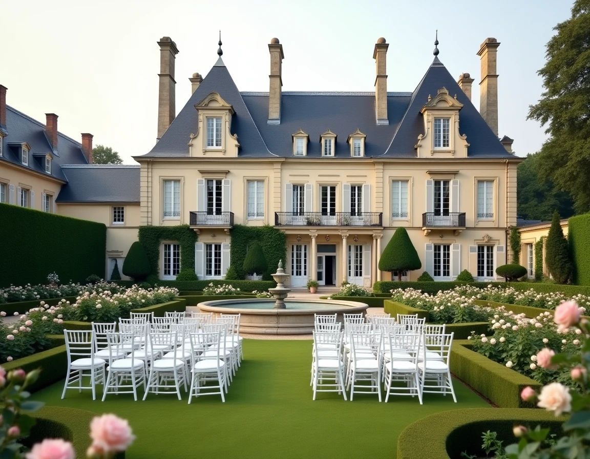 Façade symétrique du Château de la Ligne en Gironde, avec son jardin à la française, sa fontaine centrale et un décor de cérémonie de mariage sur la pelouse