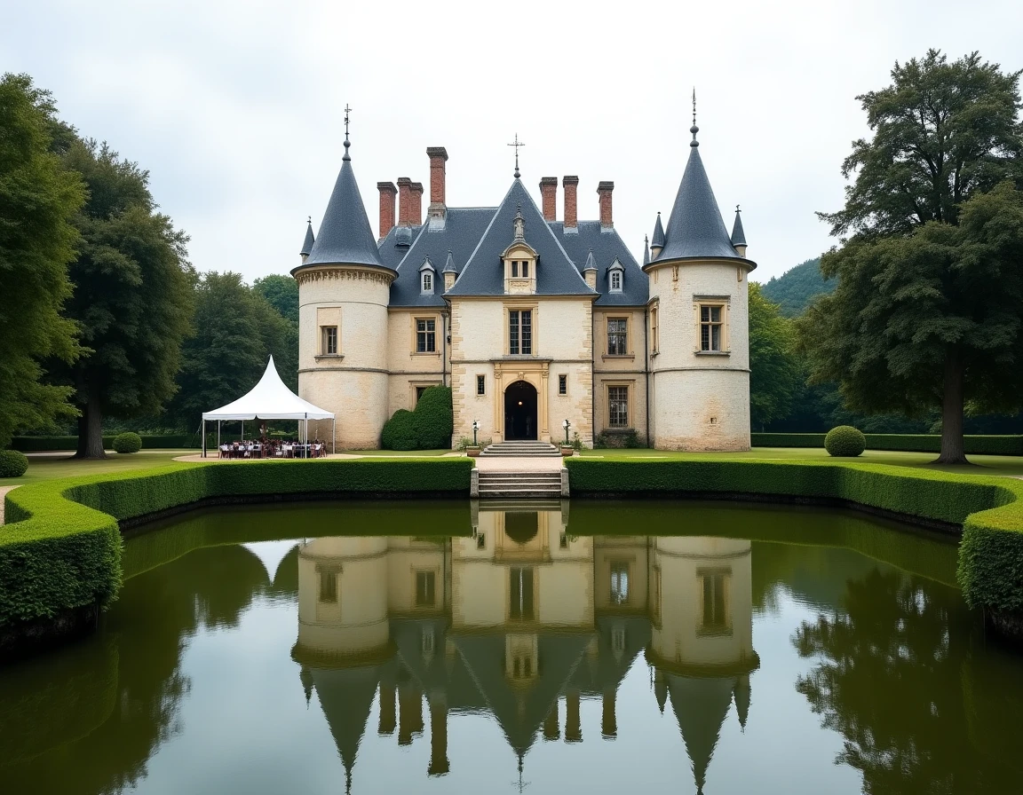 Vue du Château de Portets en Gironde, château Renaissance entouré de douves avec ses tours en pierre et un chapiteau blanc dressé pour une réception dans le parc