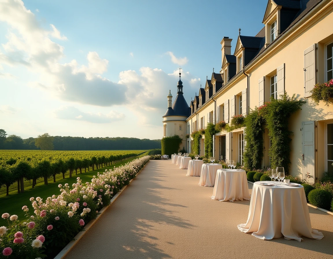 Terrasse de Château Lestrille en Gironde décorée pour un cocktail de mariage en plein air, avec les vignes de l'Entre-Deux-Mers en arrière-plan