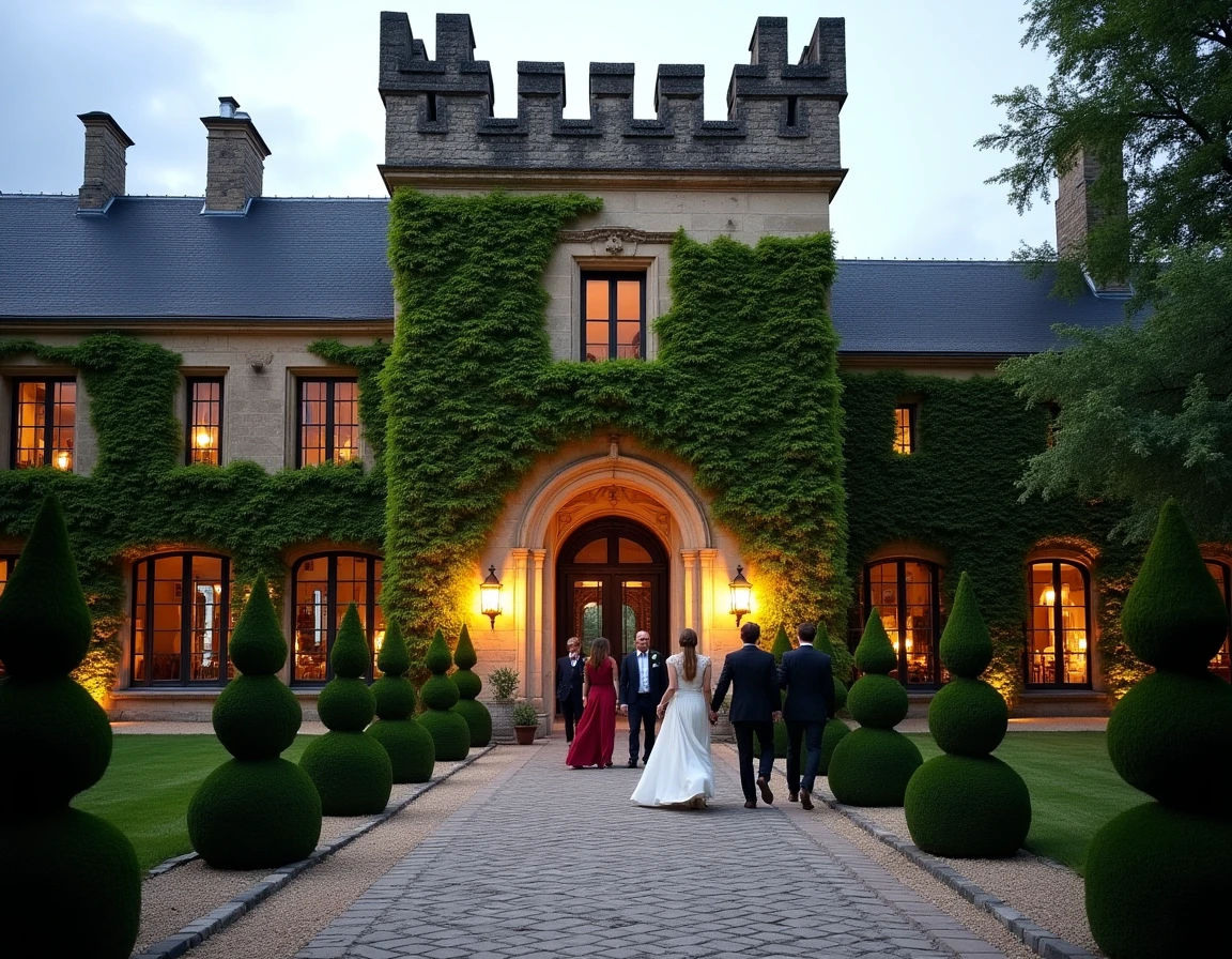 Entrée en pierre du Château Pape Clément à Bordeaux, avec son pigeonnier médiéval, ses vignes anciennes et des invités en tenue de soirée arrivant pour un dîner de gala