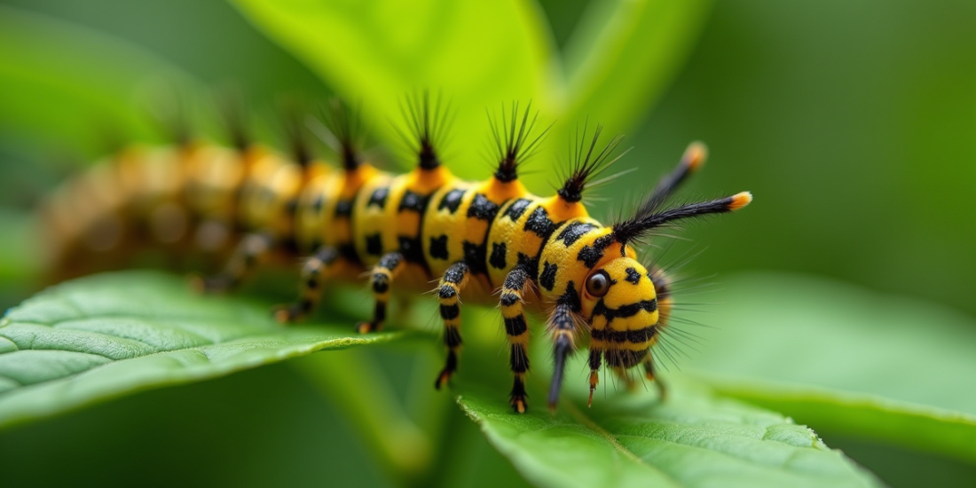 Chenille jaune et noire sur une feuille verte fraîche
